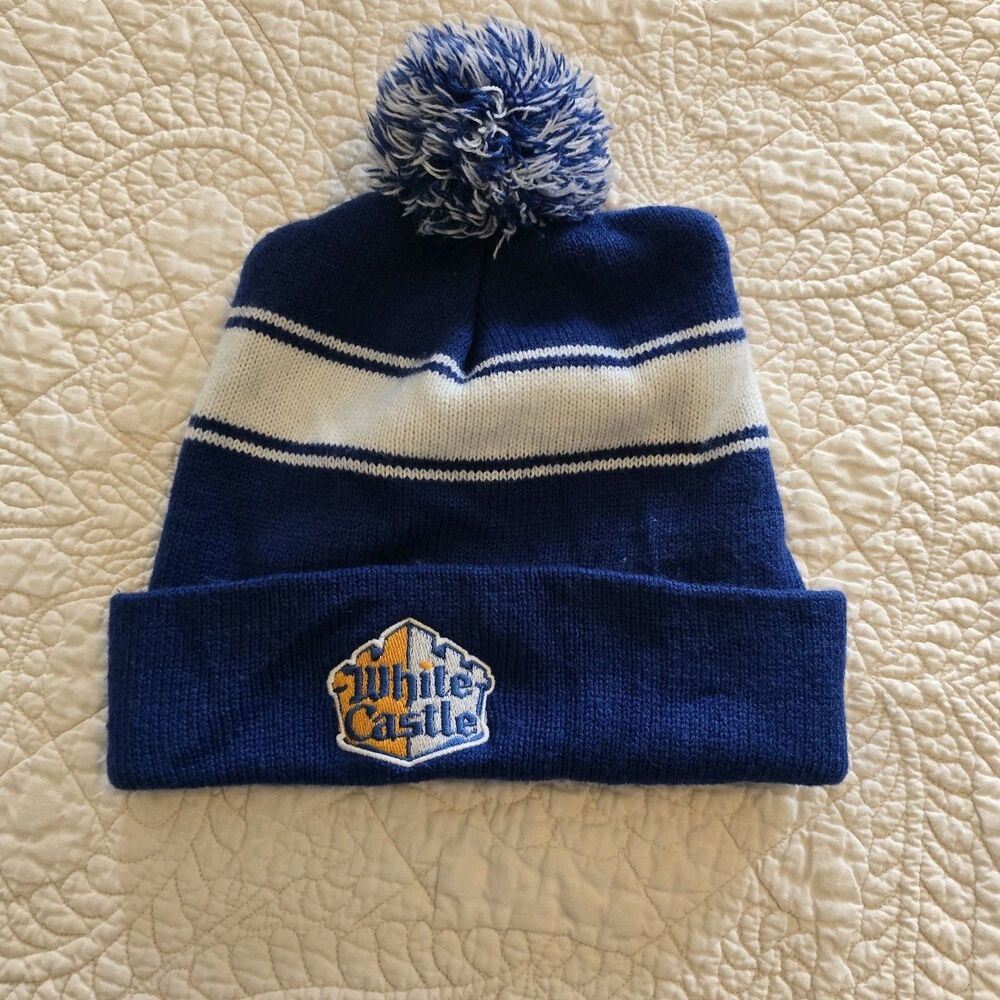 Vintage White Castle Winter Knitted Hat Beanie Toboggan Warm Cap Sliders Pompom